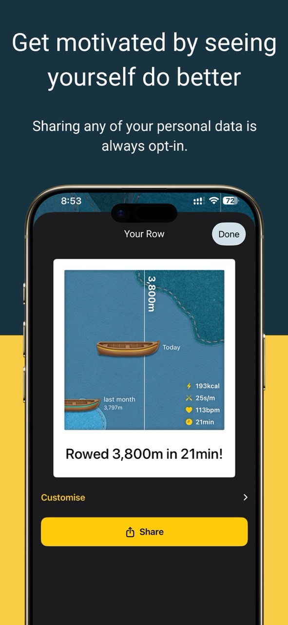 YouVsYou share card showing distance, time, pace, heart rate and calories for a row